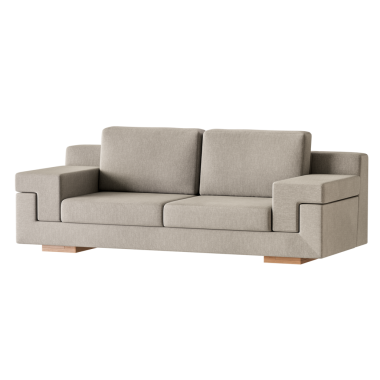 İki yastıklı ve tahta bacaklı bronz bir kanepe. Kanepe beyaz arka planda. Kanepe oturmak ve dinlenmek için rahat bir yerdir.