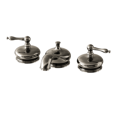 Üç saplı gümüş bir musluk. Musluk pirinçten yapılmıştır ve parlak bir kapağı vardır.