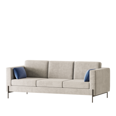 Üzerinde mavi yastıklar olan beyaz bir kanepe. Kanepe üç parça ve beyaz arka planda.