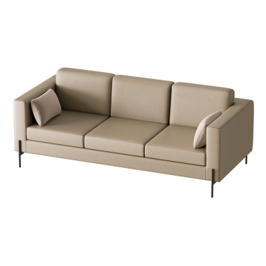 Üç yastıklı bronz bir kanepe ve kahverengi bir yastık. Kanepe yumuşak bir malzemeden yapılmıştır ve rahat bir görünüme sahiptir.