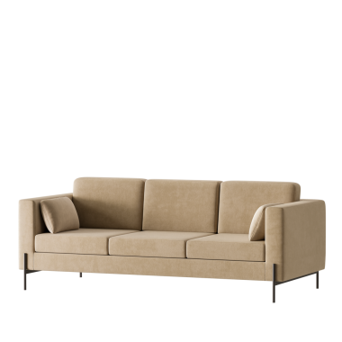 Üç yastıklı ve siyah çerçeveli bronz bir kanepe. Kanepe beyaz arka planda.