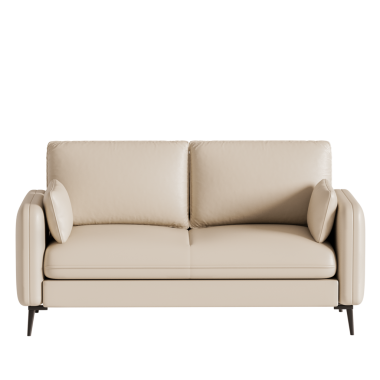 Üzerinde iki yastık olan bronz deri bir kanepe. Kanepe boş ve yastıklar kanepeye yerleştirildi.