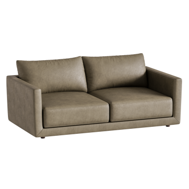 Üzerinde iki yastık olan bronz deri bir kanepe. Kanepe büyük ve modern bir tasarıma sahip.