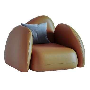 Üzerinde yastık olan kahverengi bir sandalye. Yastık gri ve sandalye deriden yapılmış.