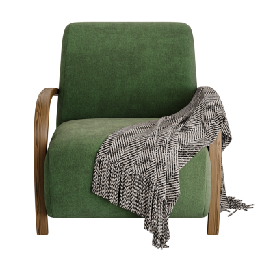 Üzerinde siyah beyaz bir battaniye olan yeşil bir sandalye. Sandalye ahşaptan yapılmıştır ve modern bir tasarıma sahiptir. Battaniye sandalyeye rahat ve rahat bir dokunuş katıyor.