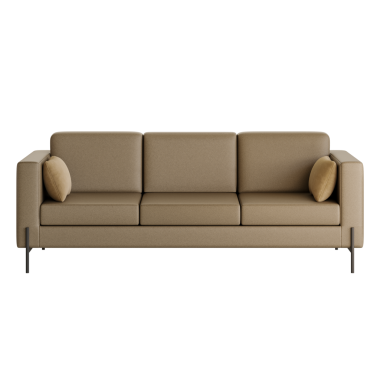 Üç yastıklı bronz bir kanepe. Kanepe uzun ve kahverengi renkli.