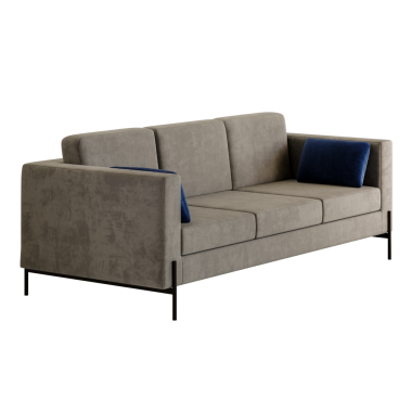 Üzerinde mavi yastıklar olan gri bir kanepe. Kanepe üç koltuklu ve siyah çerçeveli.