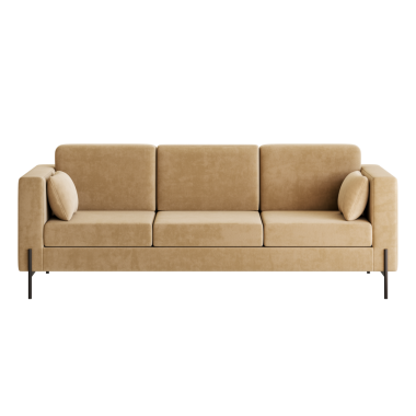 Üç yastıklı ve siyah çerçeveli bronz bir kanepe. Kanepe uzun ve dar.