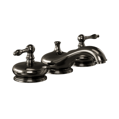 Üç saplı siyah bir musluk. Musluk gümüşten ve altın işlemeli.