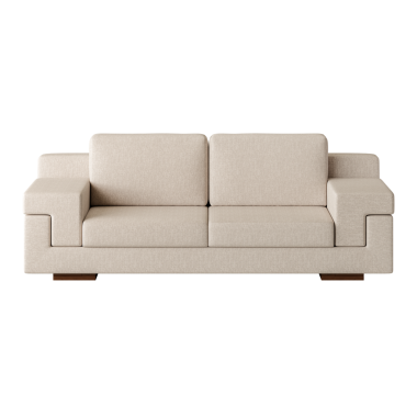 Üzerinde iki yastık olan beyaz bir kanepe. Kanepe görüntünün odak noktasıdır.