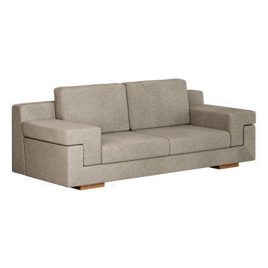 Üzerinde iki yastık olan bronz bir kanepe. Kanepe yumuşak bir malzemeden yapılmıştır ve ahşap bir çerçeveye sahiptir.