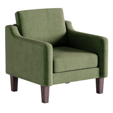 Kahverengi çerçeveli yeşil bir sandalye. Sandalye yumuşak bir malzemeden yapılmıştır ve ahşap bir çerçeveye sahiptir.