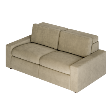 İki yastıklı ve kahverengi kollu bir kanepe. Kanepe beyaz arka planda.