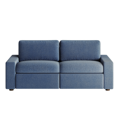 İki yastıklı ve ahşap çerçeveli mavi bir kanepe. Kanepe beyaz arka planda.