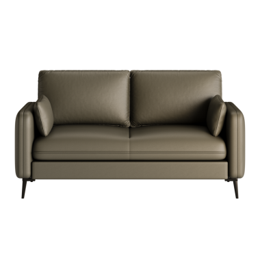 Her iki tarafında da iki minder olan bronz deri bir kanepe. Kanepe beyaz bir arka planda duruyor.