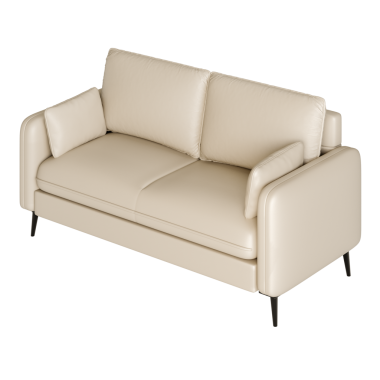 Her iki tarafında da iki minder olan bronz deri bir kanepe. Kanepe beyaz arka planda.