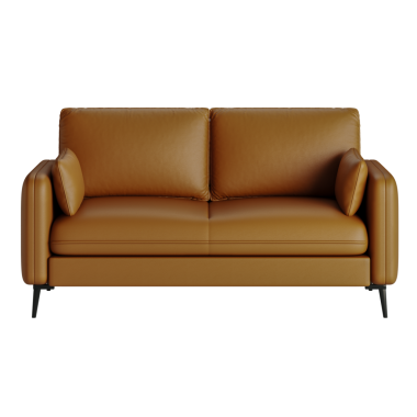 Üzerinde iki yastık olan bronz deri bir kanepe. Kanepe görüntünün odak noktasıdır.