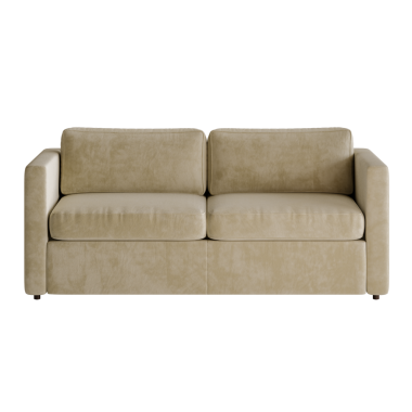 Üzerinde iki yastık olan bronz bir kanepe. Yastıklar beyaz.