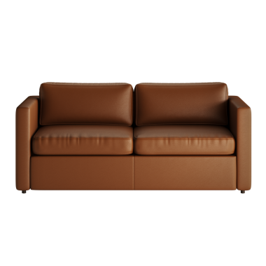 İki yastıklı kahverengi deri bir kanepe. Kanepe beyaz arka planda. Kanepe görüntünün odak noktasıdır.
