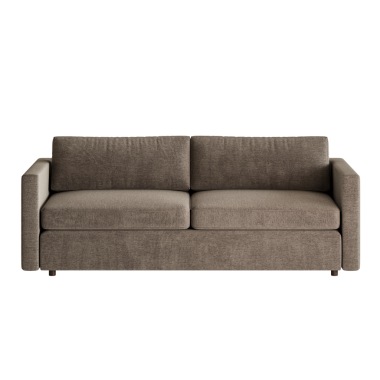 Üzerinde iki yastık olan bronz bir kanepe. Kanepe görüntünün odak noktasıdır.