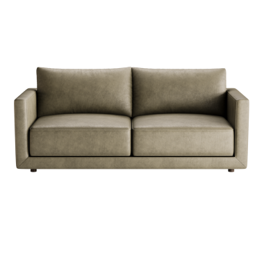 Üzerinde iki yastık olan bronz bir kanepe. Koltuk deriden yapılmıştır ve modern bir tasarıma sahiptir.