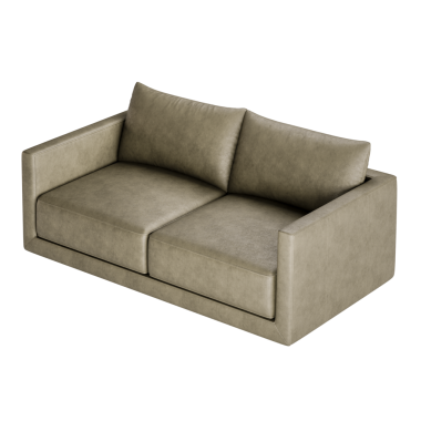 Üzerinde iki yastık olan bronz deri bir kanepe. Kanepe büyük ve modern görünümlü.