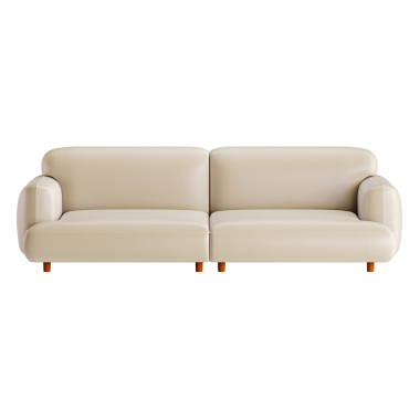 Tahta bacaklı beyaz bir kanepe. Kanepe uzun ve modern bir tasarıma sahip. Beyaz bir arka plana yerleştirilir.