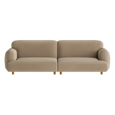 Tahta bacaklı ve beyaz arka planlı bronz bir kanepe. Kanepe uzun ve modern bir tasarımı var.