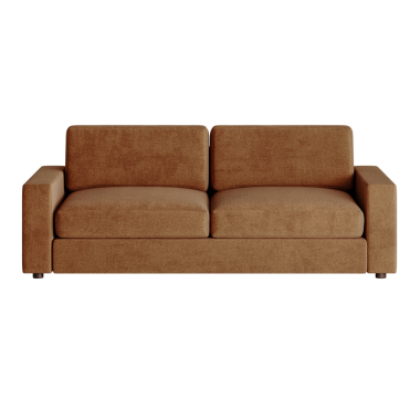 Üzerinde iki yastık olan kahverengi bir kanepe. Kanepe beyaz arka planda. Kanepe oturmak ve dinlenmek için rahat bir yerdir.