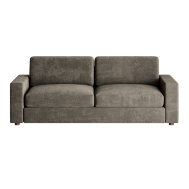 Kahverengi kumaşlı gri bir kanepe. Kanepe boş ve temiz görünüyor. Kanepe oturmak ve dinlenmek için rahat bir yerdir.