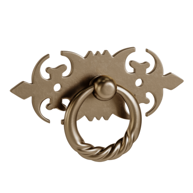 Gümüş düğmeli altın bir kol. Kapı kolu yuvarlak ve spiral bir tasarımı var. Kapı kolu süslemeli ve dekoratif bir tasarımı var.