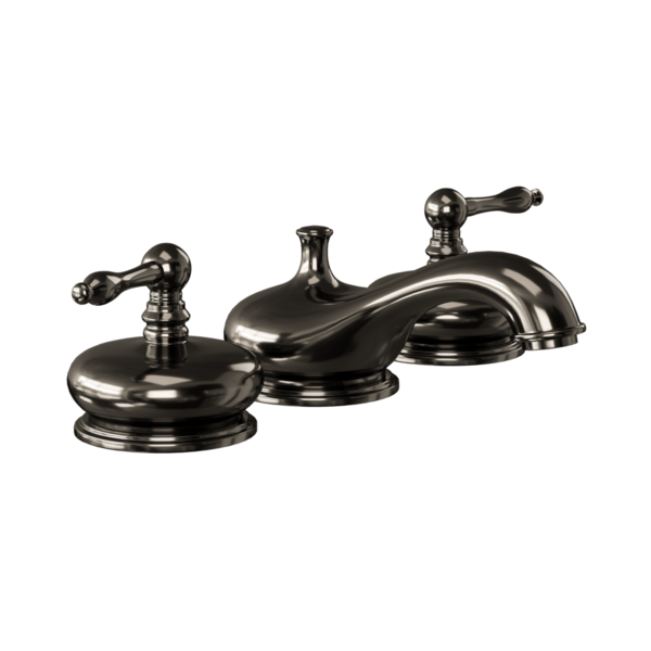 Üç saplı siyah bir musluk. Musluk gümüşten ve altın işlemeli.