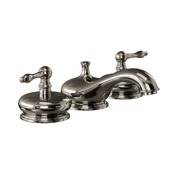 Üç saplı gümüş bir musluk. Musluk metalden yapılmıştır ve parlak bir görünüşü vardır.