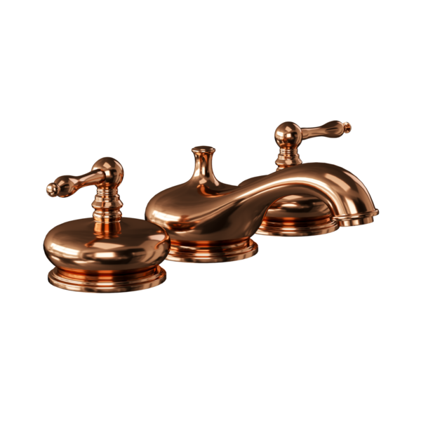 Üç saplı altın renkli bir musluk. Musluk pirinçten yapılmıştır ve eski bir görünüşü vardır.