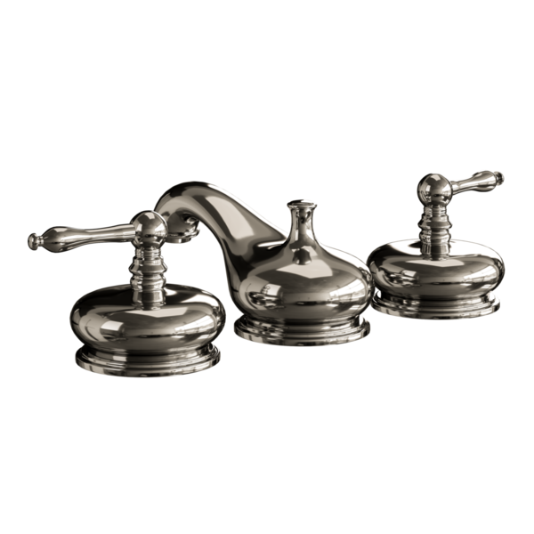 Üç saplı gümüş bir musluk. Musluk metalden yapılmıştır ve parlak bir görünüşü vardır.