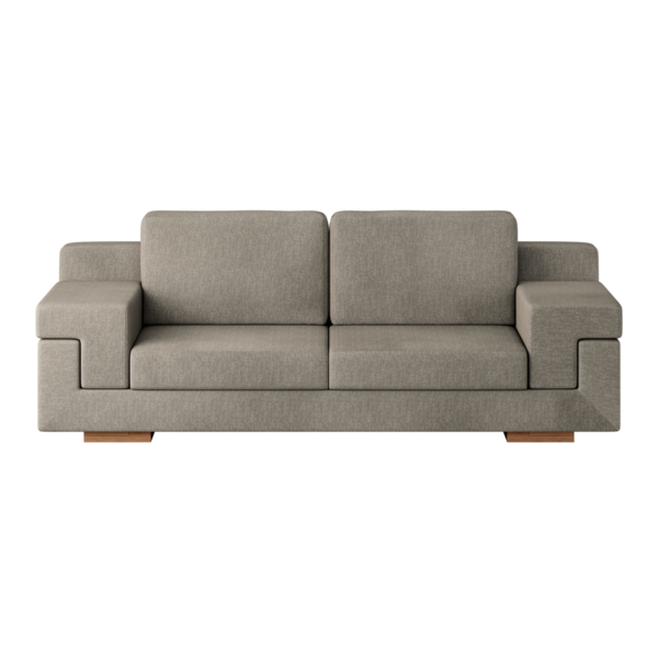 Tahta bacaklı, kahverengi yastıklı bronz bir kanepe. Kanepe uzun ve üzerinde iki yastık var.