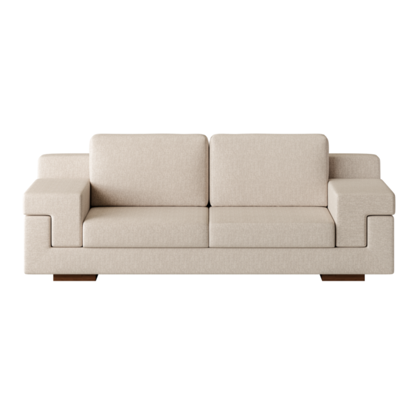 Üzerinde iki yastık olan beyaz bir kanepe. Kanepe görüntünün odak noktasıdır.