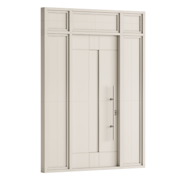 Ortasında cam panel olan beyaz bir kapı. Kapı ahşaptan yapılmış ve gümüş bir sapı var.