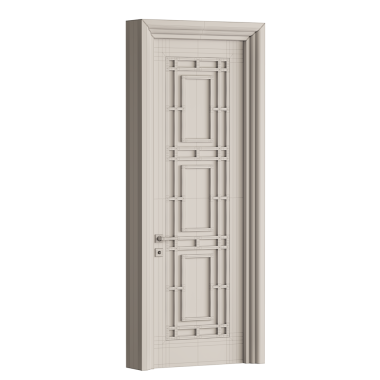 Kilitli ve kolu olan beyaz bir kapı. Kapı tahtadan yapılmış ve basit bir tasarımı var.