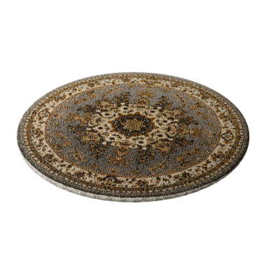 Kahverengi ve bronzlaşmış yuvarlak bir halı beyaz arka planda duruyor. Halı dairesel bir şekle sahiptir ve beyaz bir yüzeye yerleştirilmiştir.