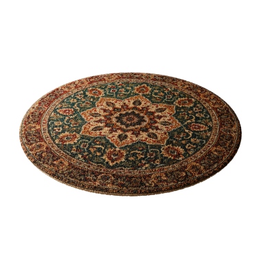 Üzerinde çiçek deseni olan yuvarlak bir halı. Halı kahverengi ve yeşildir. Beyaz bir arka plana yerleştirilir.
