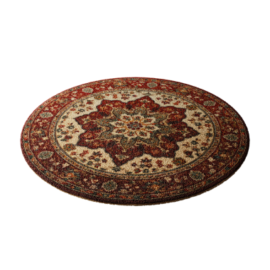 Üzerinde çiçek deseni olan yuvarlak bir halı. Halı kahverengi ve beyaz. Beyaz bir arka plana yerleştirilir.