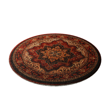 Siyah ve kahverengi desenli bir halı beyaz arka planda durur. Halı daireseldir ve çiçek ve yapraklardan oluşan bir deseni vardır.