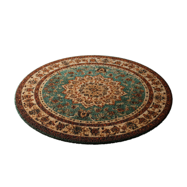 Mavi ve kahverengi desenli bir halı beyaz arka planda oturur. Halı daireseldir ve çiçek ve yapraklardan oluşan bir deseni vardır. Halıların renkleri çok canlı ve tasarımı da çok karmaşık.