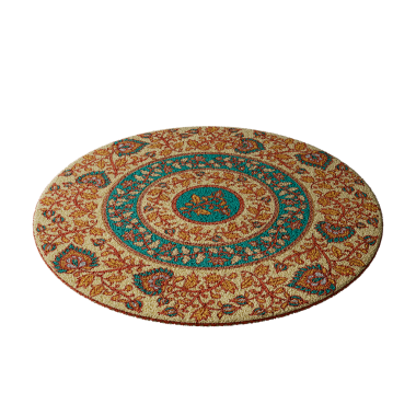 Mavi ve yeşil desenli yuvarlak bir halı. Halı beyaz arka planda. Halı renkli ve bir deseni var.