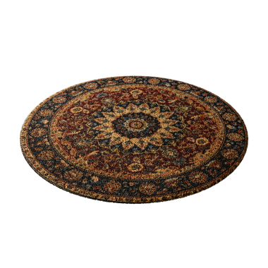 Yuvarlak bir halı, içinde çiçekler ve girdaplar var. Halı kahverengi ve siyah. Beyaz bir arka plana yerleştirilir.