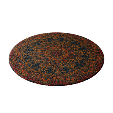 Kare ve dairelerden oluşan renkli bir halı. Halı beyaz arka planda. Halı çeşitli renklerden yapılmıştır ve eşsiz bir tasarımı vardır.