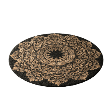 Çiçek desenli siyah ve kahverengi bir halı. Halı yuvarlaktır ve altın ve kahverengi bir rengi vardır.