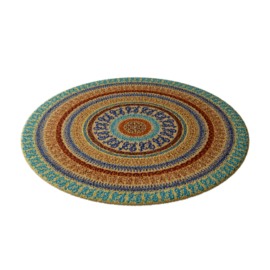 Mavi ve kahverengi desenli renkli bir halı. Halı yuvarlaktır ve farklı renkte bir deseni vardır.