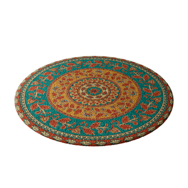 Mavi merkezli, turuncu ve sarı kenarlı renkli bir halı. Halı yuvarlaktır ve çiçek ve yapraklardan oluşan bir deseni vardır.